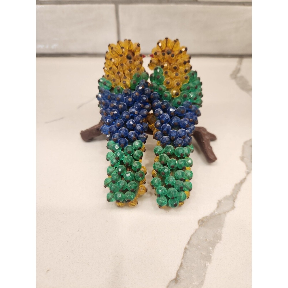 Vintage Pair‎ Of Yellow Green Blue Parrots Birds Sitting On A Plastic Log Perch